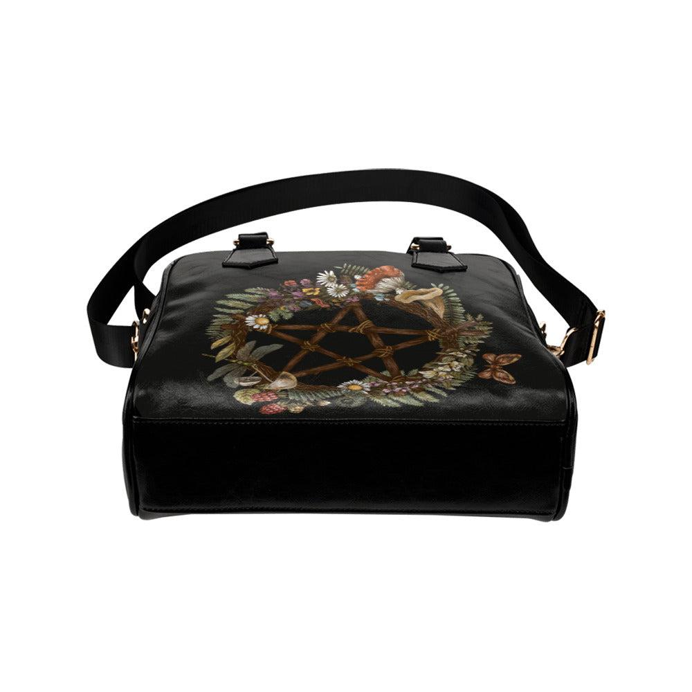 Green witch Forest wreath occult pentagram Vegan leather bowler Shoulder Handbag - sense forest