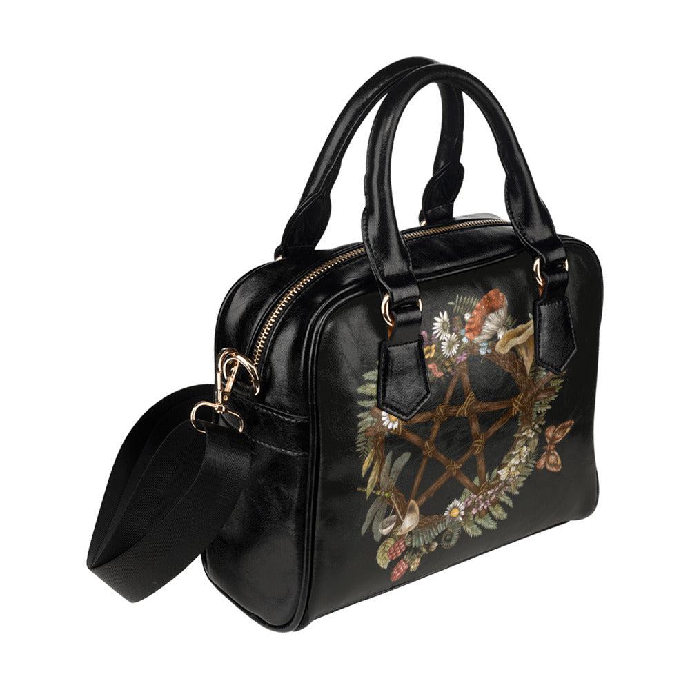 Green witch Forest wreath occult pentagram Vegan leather bowler Shoulder Handbag - sense forest