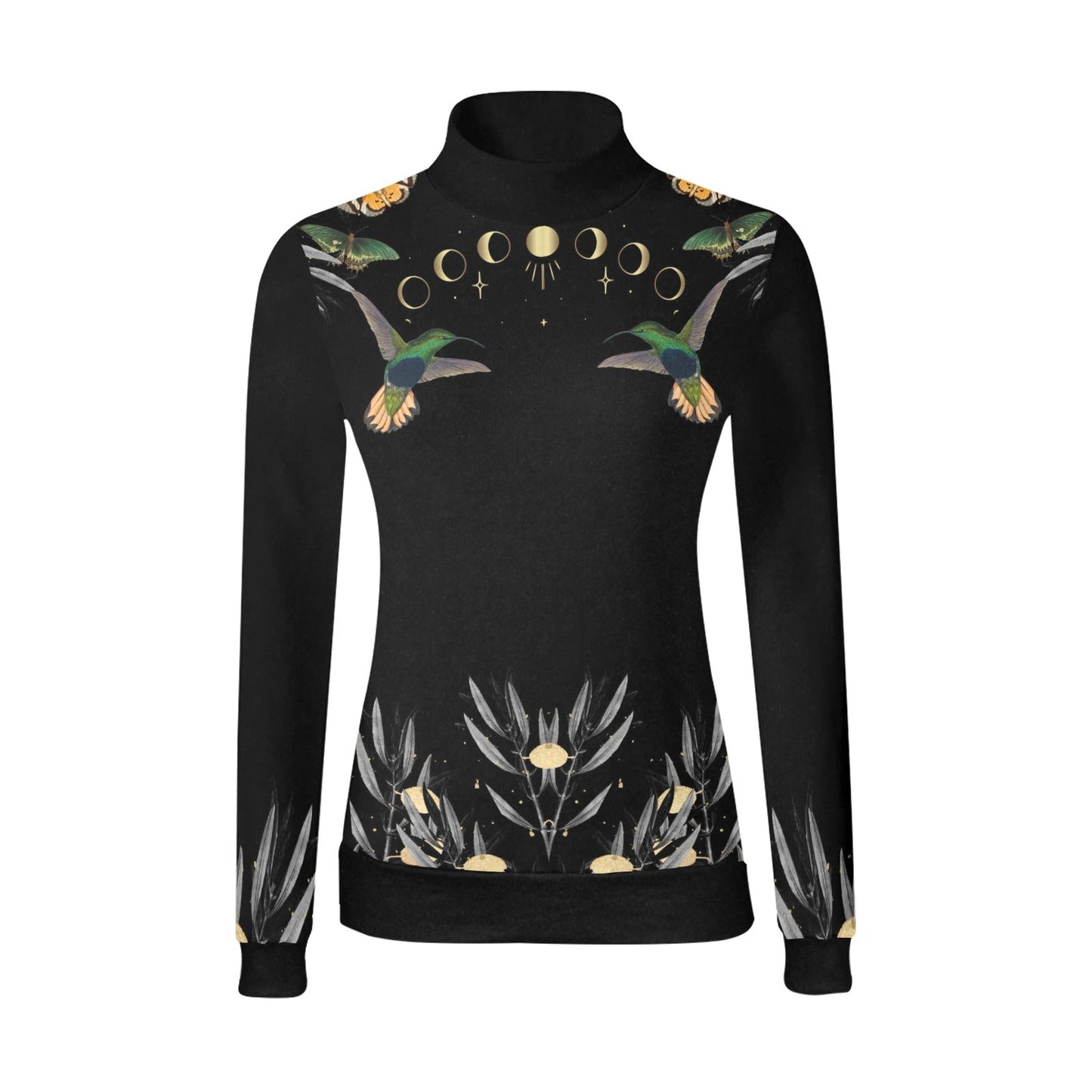 Humming Bird Witch Moon Phase Long Sleeves Shirt witchy All Over Print Mock Neck Sweater - sense forest
