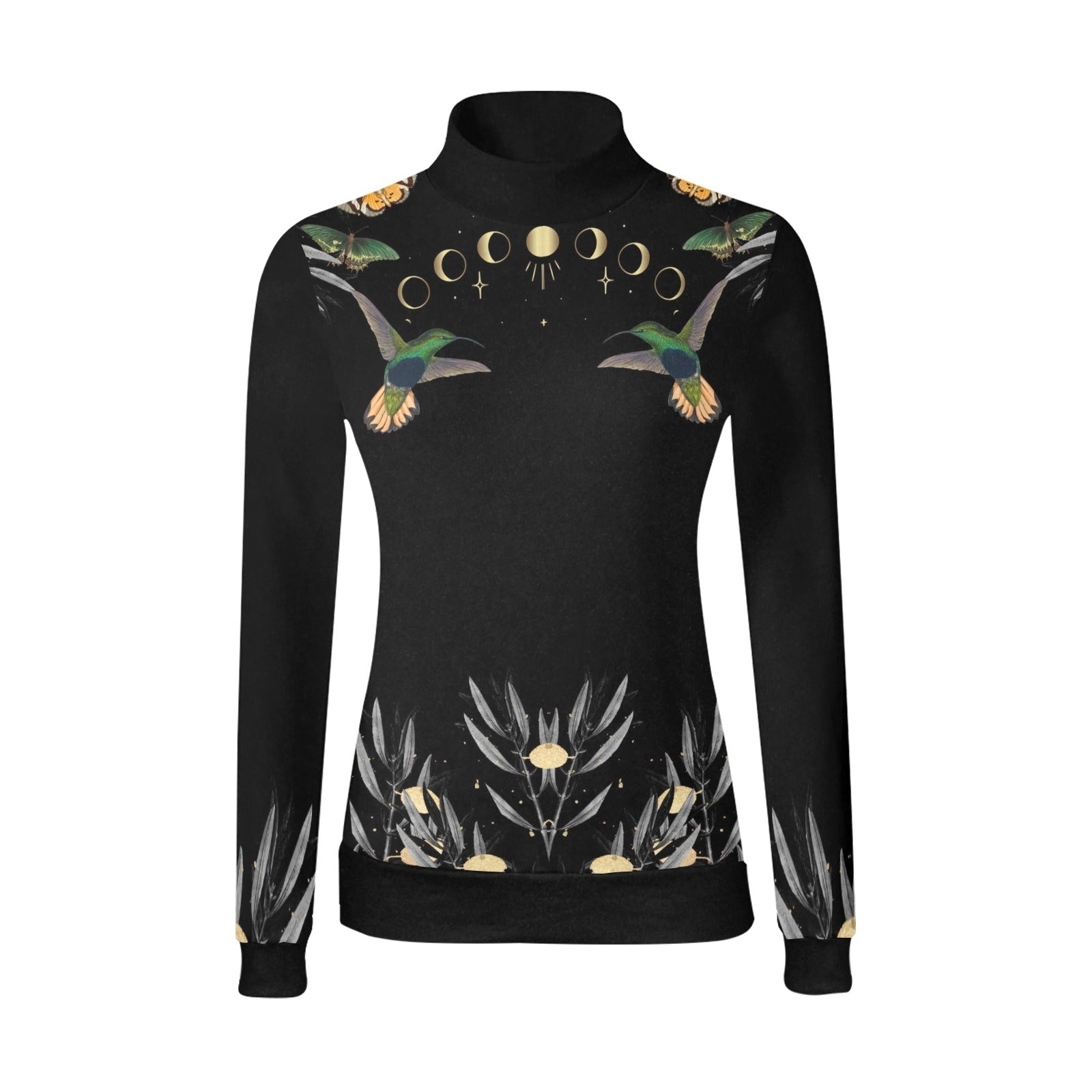 Humming Bird Witch Moon Phase Long Sleeves Shirt witchy All Over Print Mock Neck Sweater - sense forest