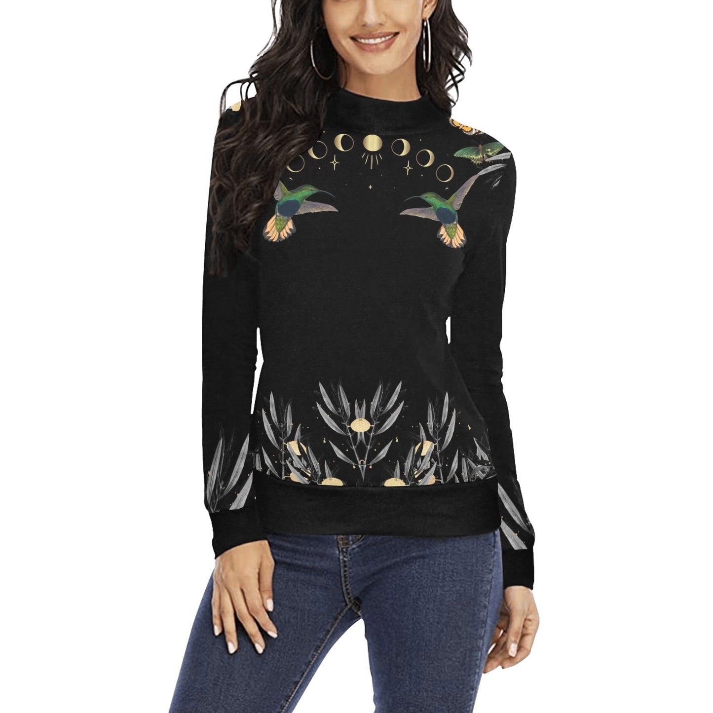 Humming Bird Witch Moon Phase Long Sleeves Shirt witchy All Over Print Mock Neck Sweater - sense forest