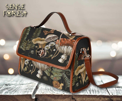 a boxy mushroom fern forest canvas satchel bag for mushroom forager, most popular satchel bag by sense forest