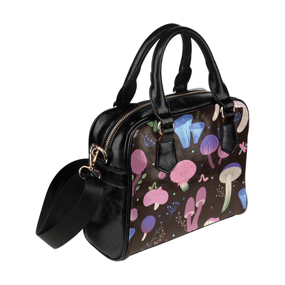 Kawaii goth purple mushroom vegan leather bowler Shoulder Handbag - sense forest