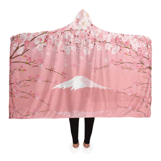 Kawaii Pink Mt Fuji Hooded Blanket, Cozy gamer lounge blanket, Japanese Cherry Blossom blanket with hood, Cute Anime Flannel Sherpa blanket - sense forest