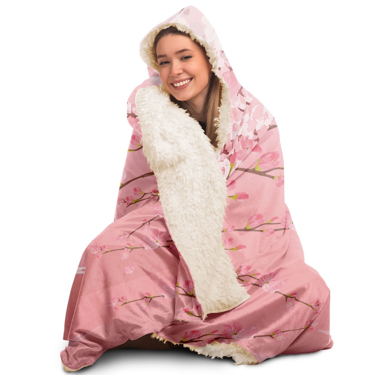 Kawaii Pink Mt Fuji Hooded Blanket, Cozy gamer lounge blanket, Japanese Cherry Blossom blanket with hood, Cute Anime Flannel Sherpa blanket - sense forest