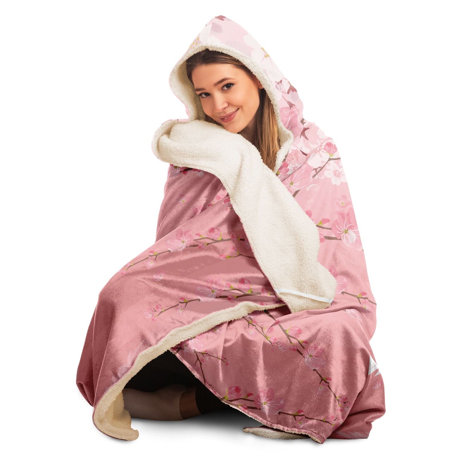 Kawaii Pink Mt Fuji Hooded Blanket, Cozy gamer lounge blanket, Japanese Cherry Blossom blanket with hood, Cute Anime Flannel Sherpa blanket - sense forest