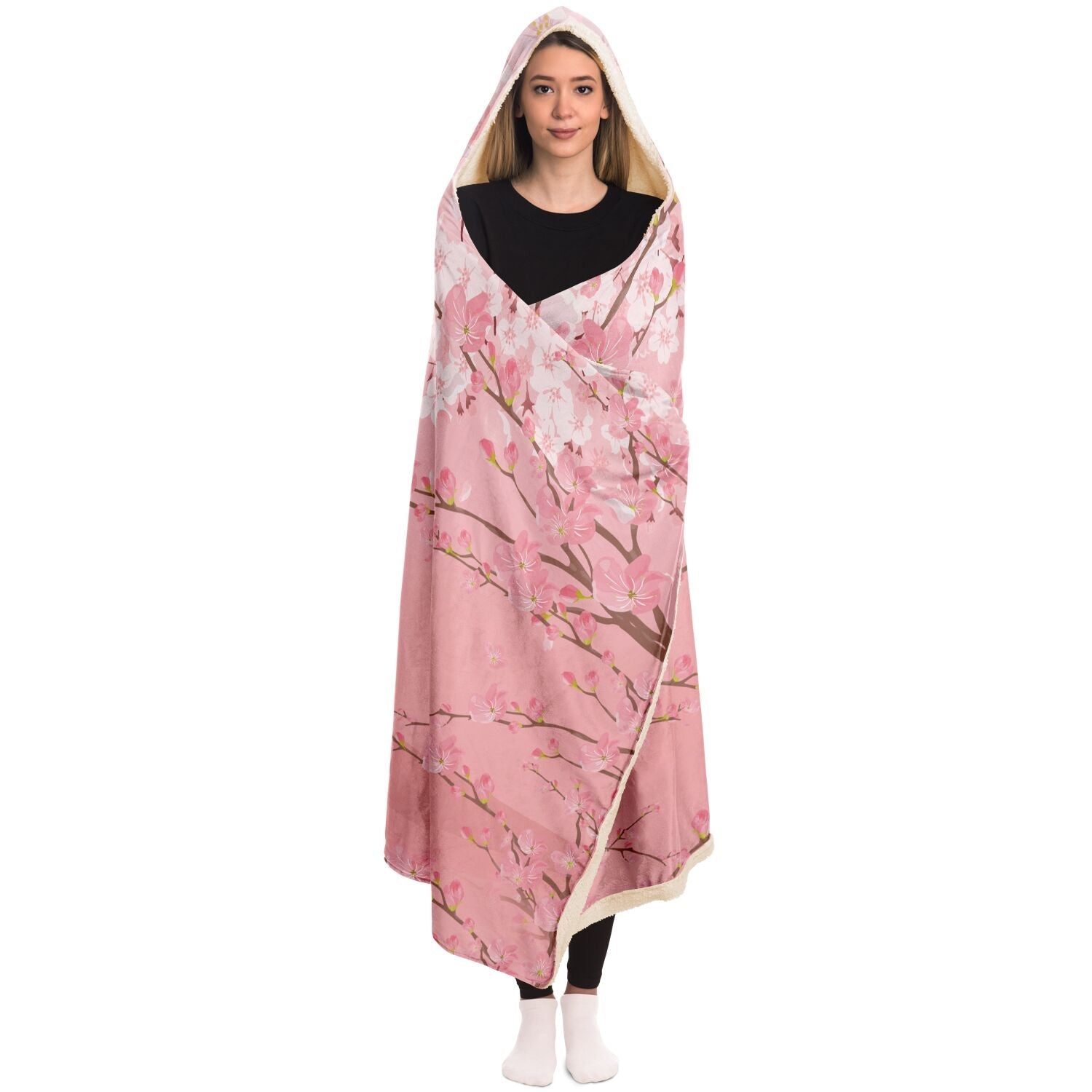 Kawaii Pink Mt Fuji Hooded Blanket, Cozy gamer lounge blanket, Japanese Cherry Blossom blanket with hood, Cute Anime Flannel Sherpa blanket - sense forest