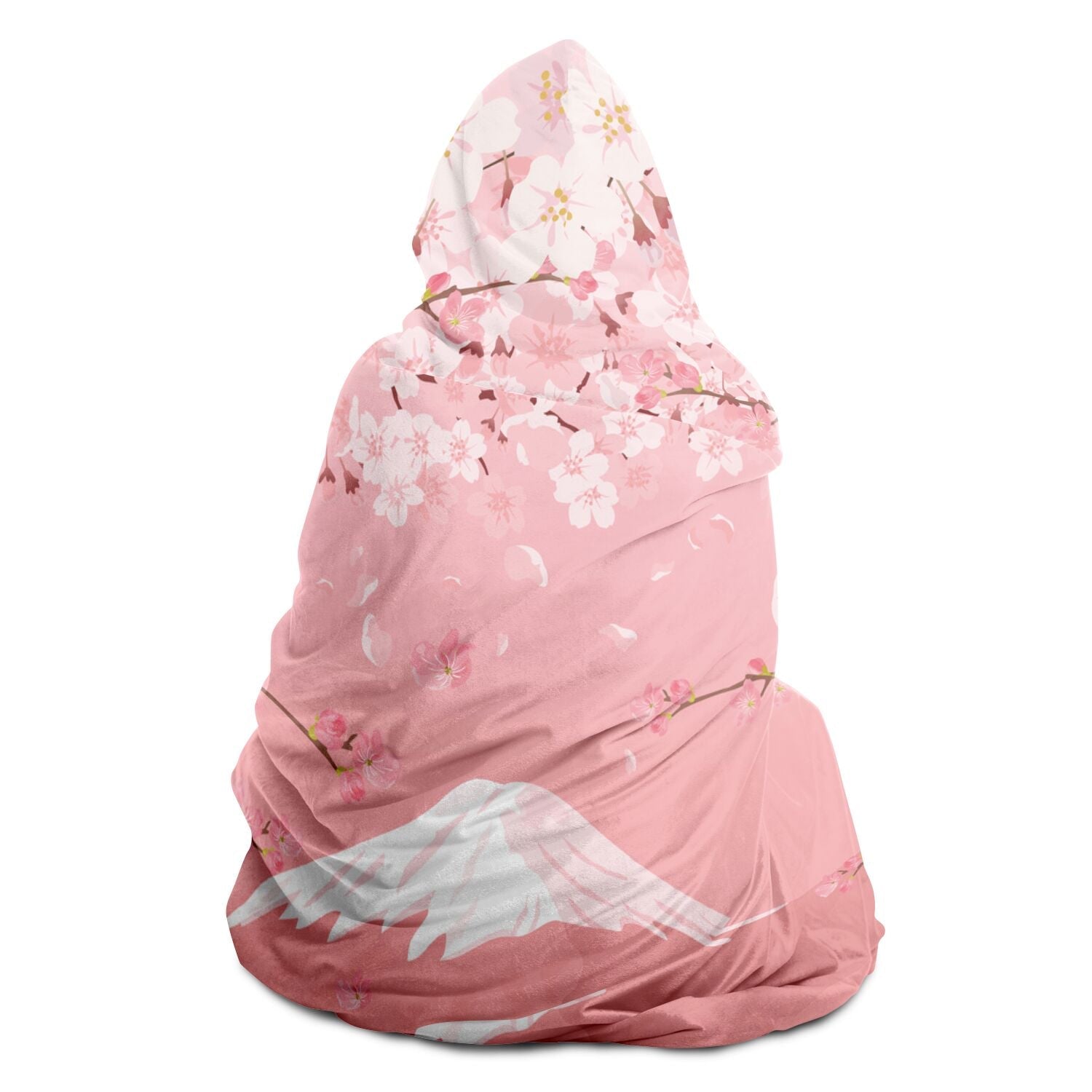 Kawaii Pink Mt Fuji Hooded Blanket, Cozy gamer lounge blanket, Japanese Cherry Blossom blanket with hood, Cute Anime Flannel Sherpa blanket - sense forest