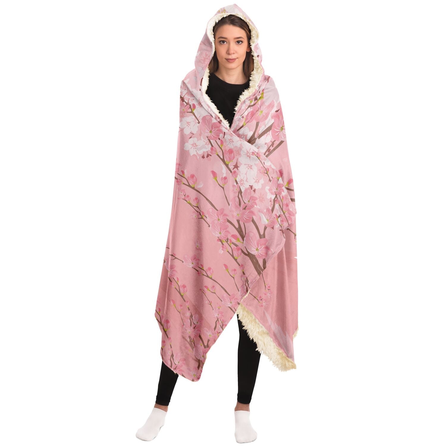 Kawaii Pink Mt Fuji Hooded Blanket, Cozy gamer lounge blanket, Japanese Cherry Blossom blanket with hood, Cute Anime Flannel Sherpa blanket - sense forest