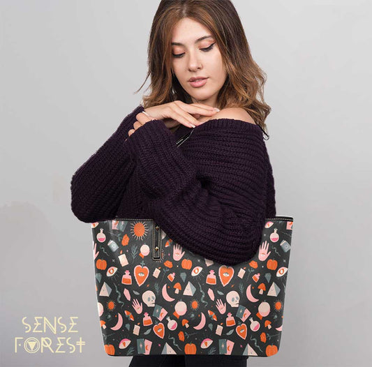 Kawaii Witchcraft Vegan leather Goth zip tote Bag - sense forest