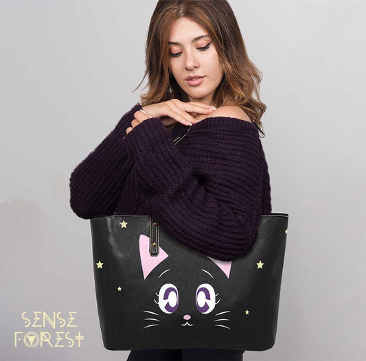 kawaii witchy cat twinkle stars Vegan leather tote Bag - sense forest