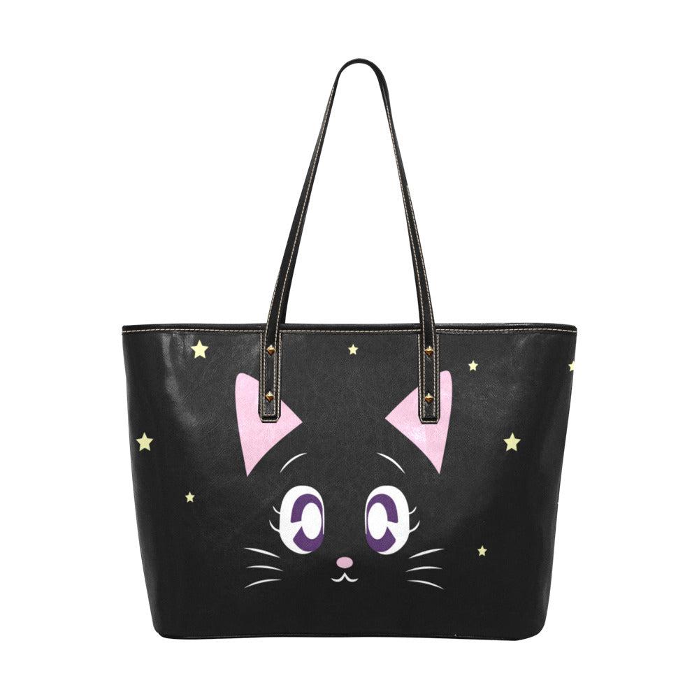 kawaii witchy cat twinkle stars Vegan leather tote Bag - sense forest