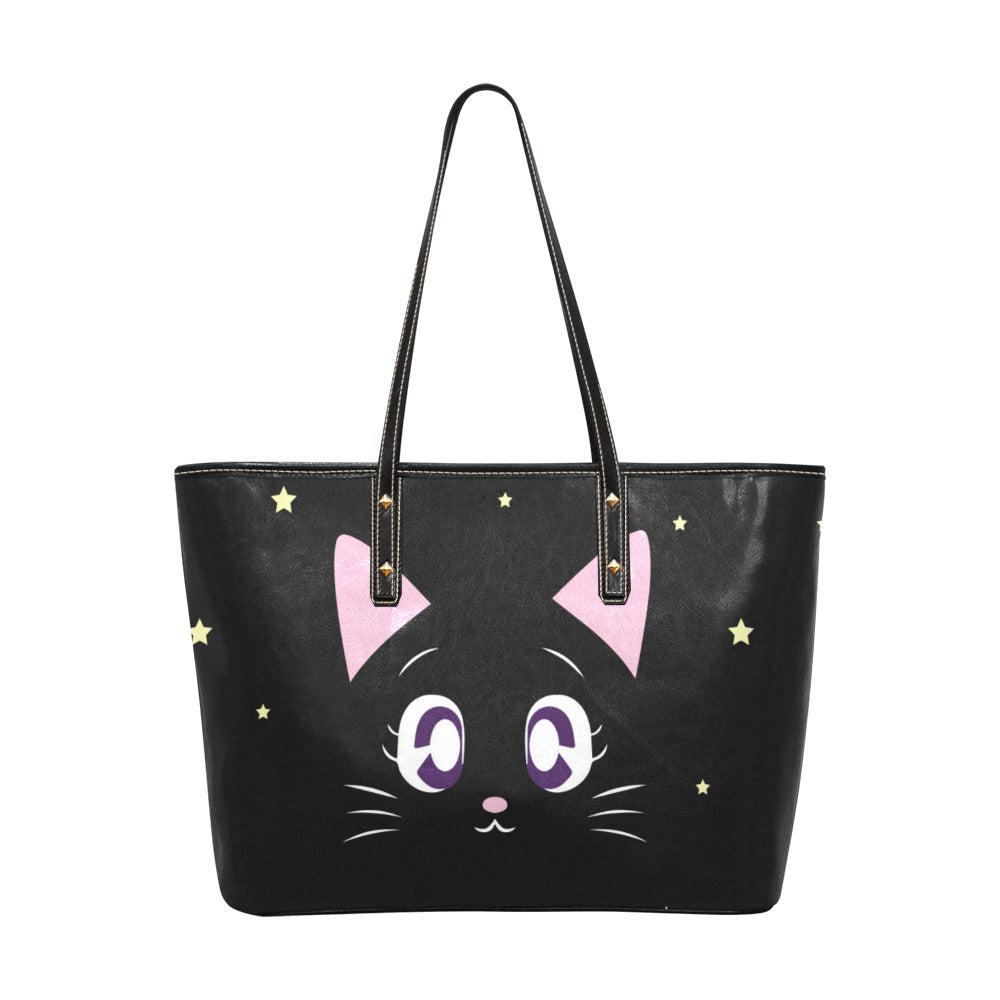 kawaii witchy cat twinkle stars Vegan leather tote Bag - sense forest