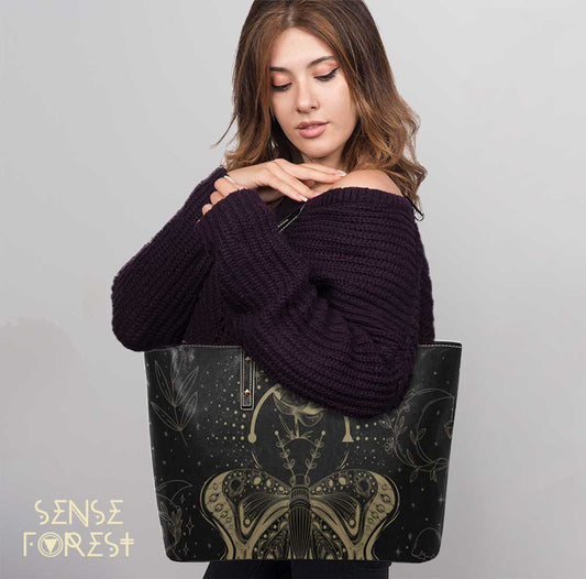 Lotus moth Witch Vegan leather zip tote Bag - sense forest