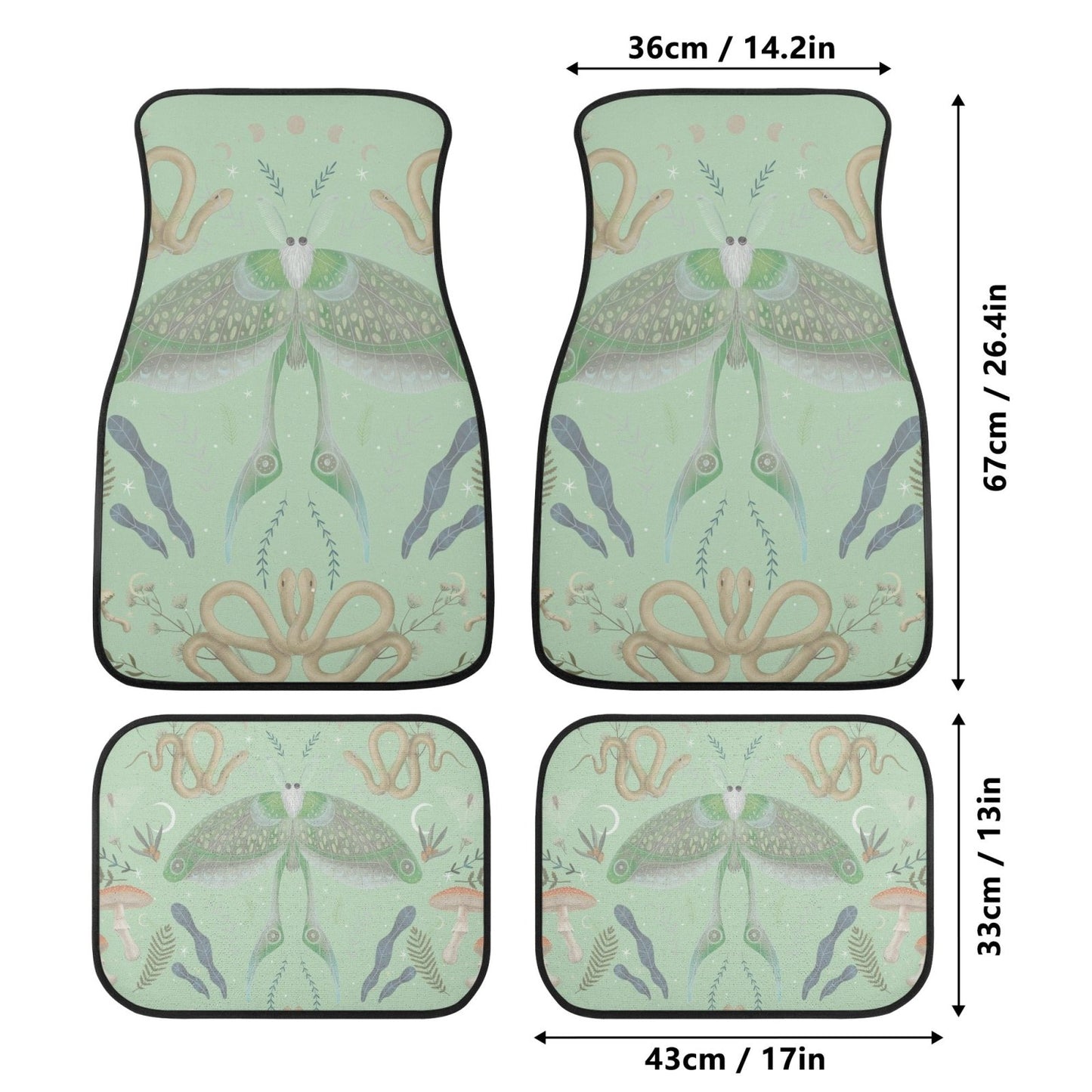 Luna Moth Mint Back and Front Car Floor Mats - sense forest
