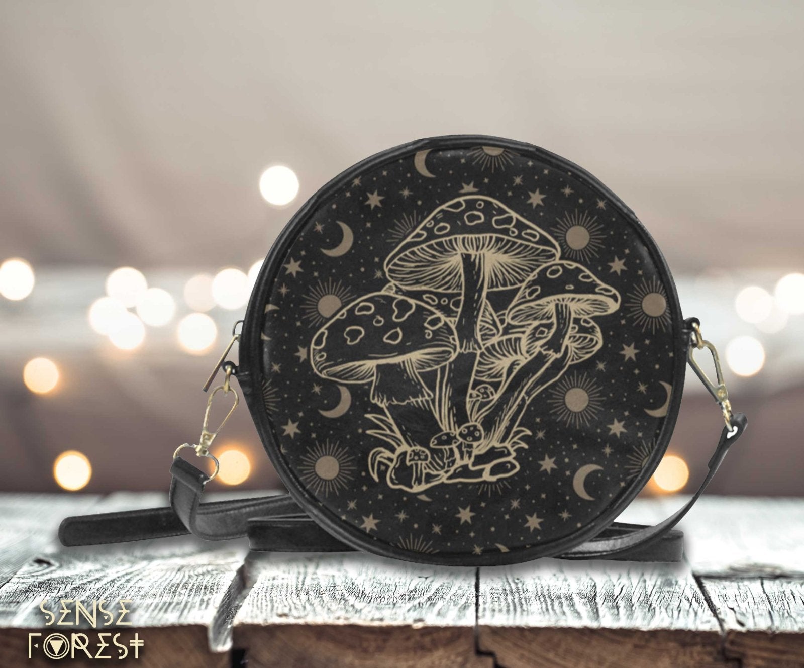 Magic mushroom celestial round drum crossbody witch Bag - sense forest