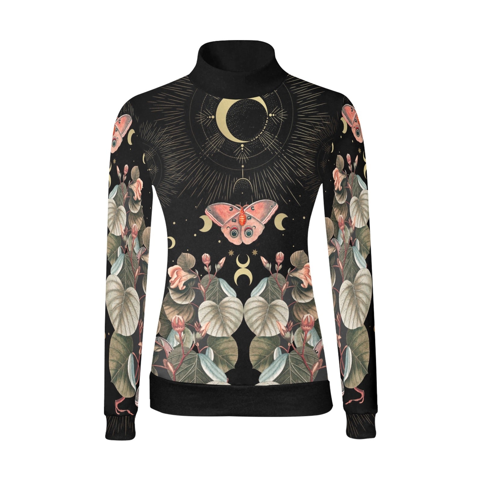 Moon Moth Butterfly Long Sleeves Shirt Women's All Over Print Mock Neck Sweater - sense forest