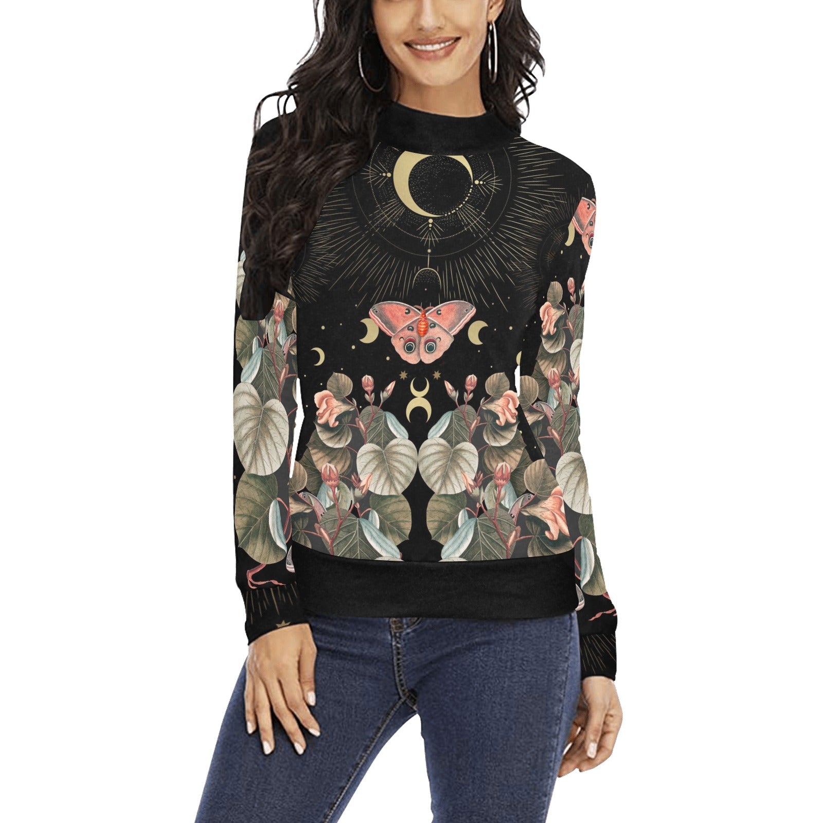 Moon Moth Butterfly Long Sleeves Shirt Women's All Over Print Mock Neck Sweater - sense forest