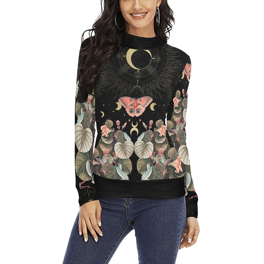 Moon Moth Butterfly Long Sleeves Shirt Women's All Over Print Mock Neck Sweater - sense forest