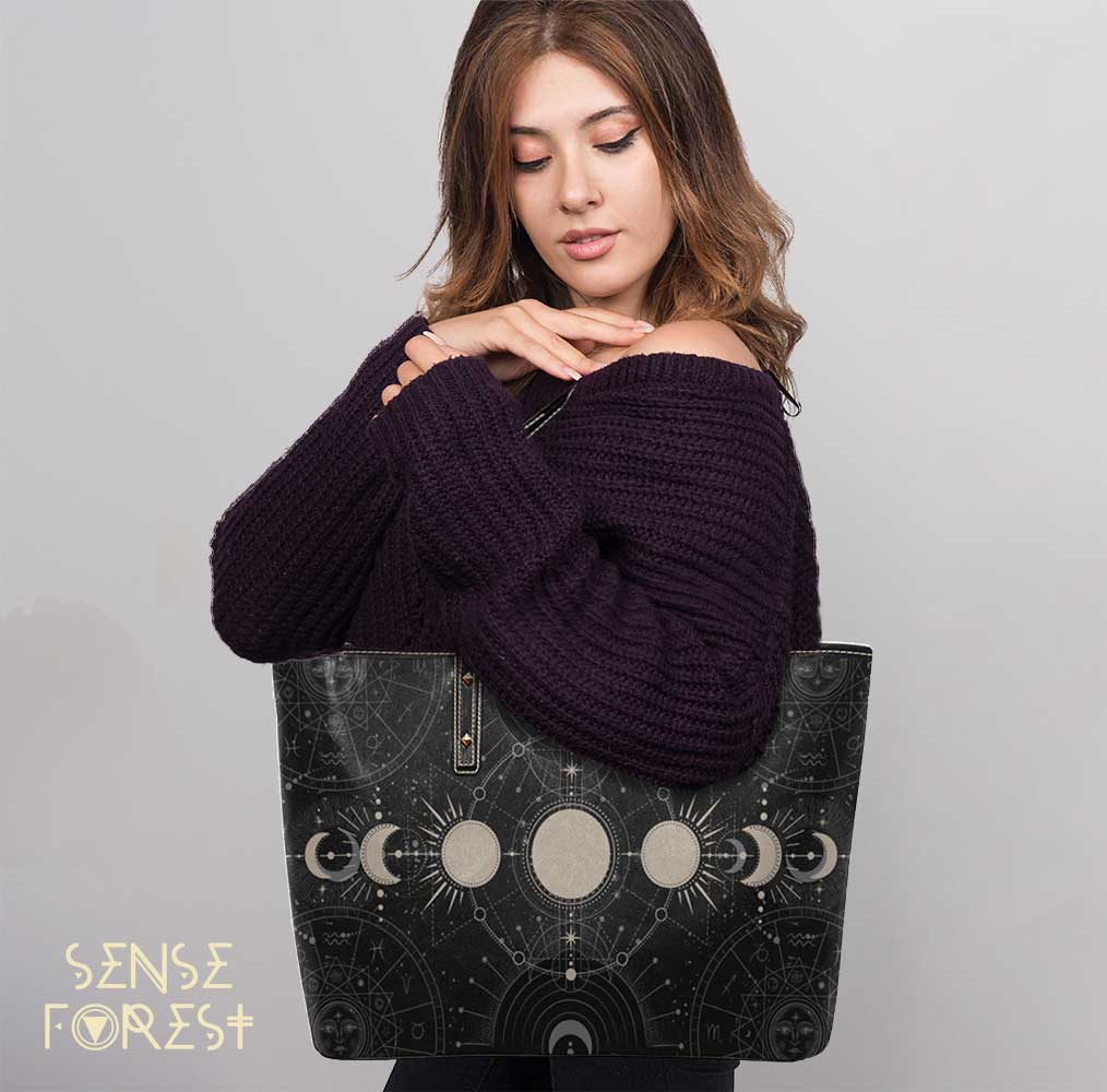 Moon phase astrology Witch Vegan leather PU Tote Bag - sense forest