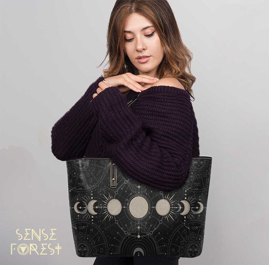 Moon phase astrology Witch Vegan leather PU Tote Bag - sense forest