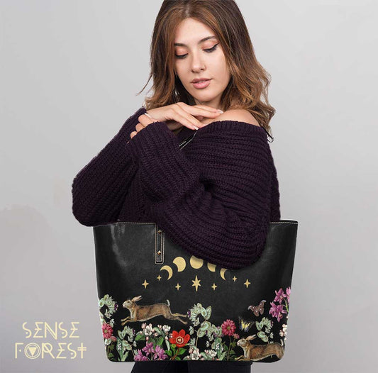 Moon phase bunny Vegan Leather zip Top Tote Bag - sense forest