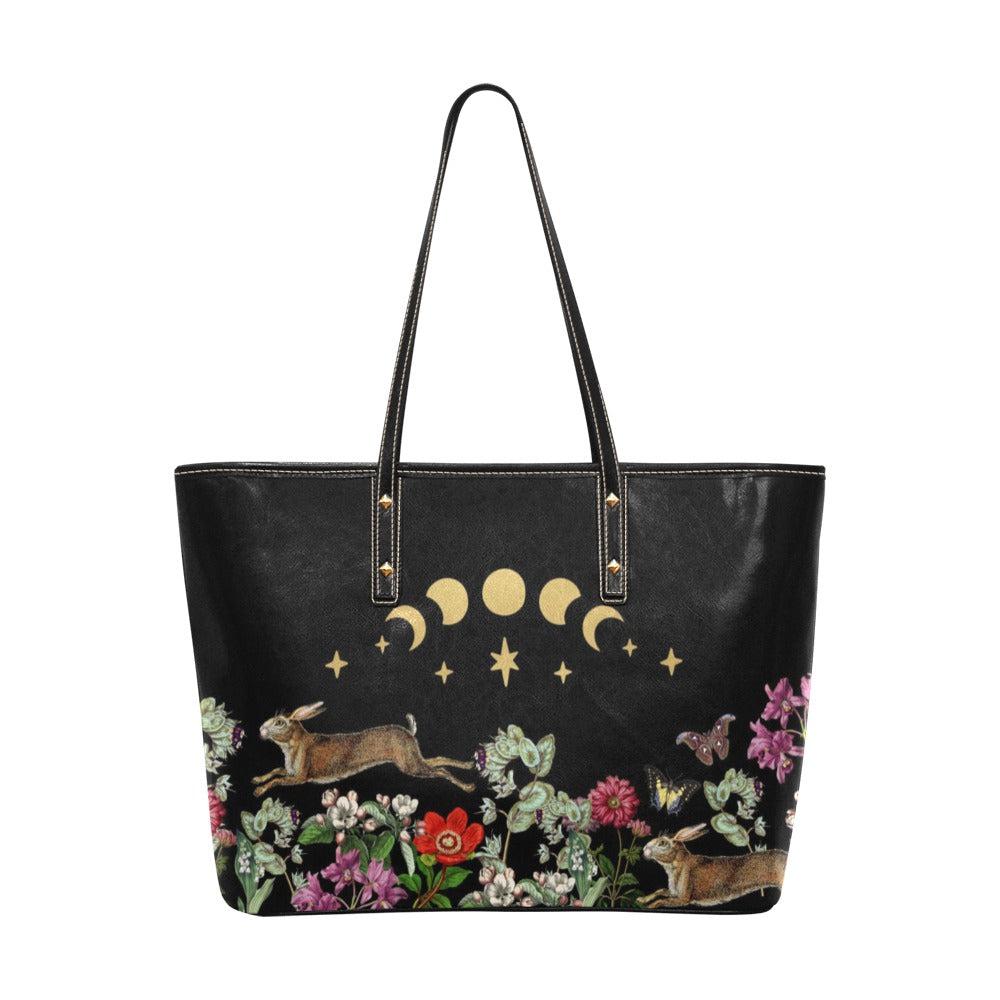 Moon phase bunny Vegan Leather zip Top Tote Bag - sense forest