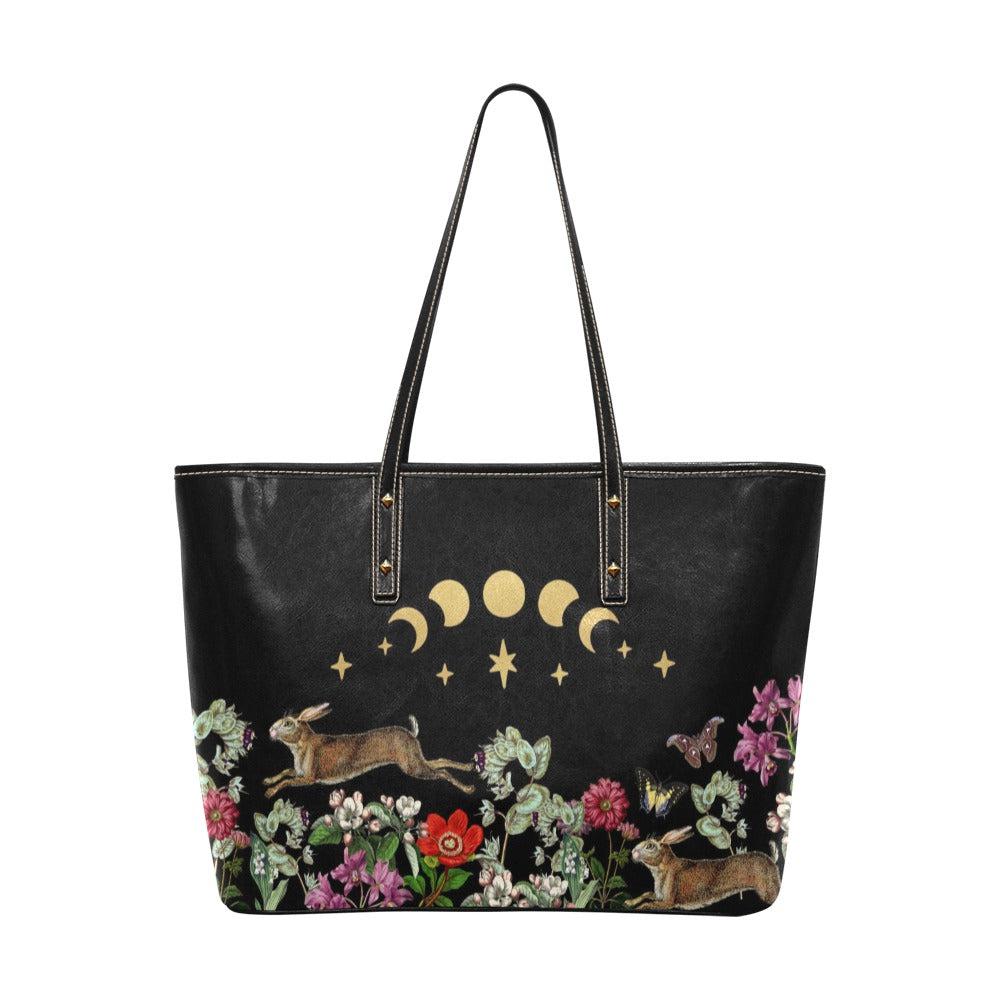 Moon phase bunny Vegan Leather zip Top Tote Bag - sense forest