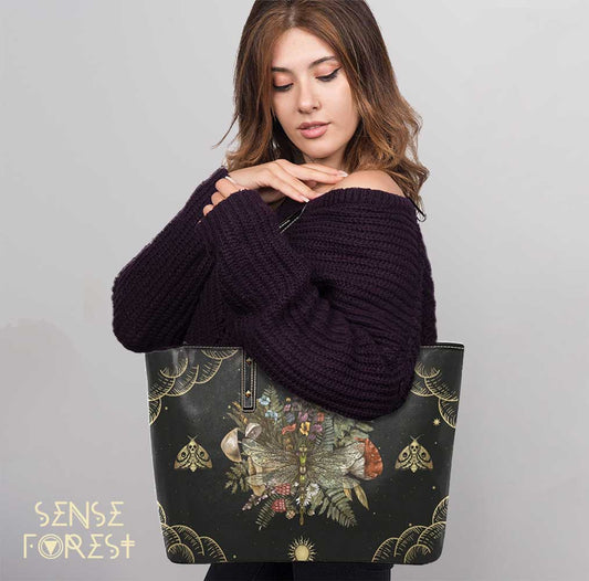 Moon phase dragonfly Vegan Leather zip Top tote Bag - sense forest
