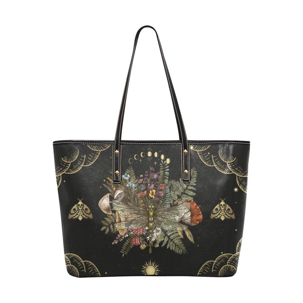 Moon phase dragonfly Vegan Leather zip Top tote Bag - sense forest