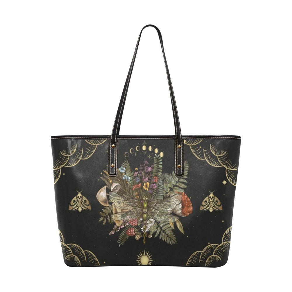 Moon phase dragonfly Vegan Leather zip Top tote Bag - sense forest