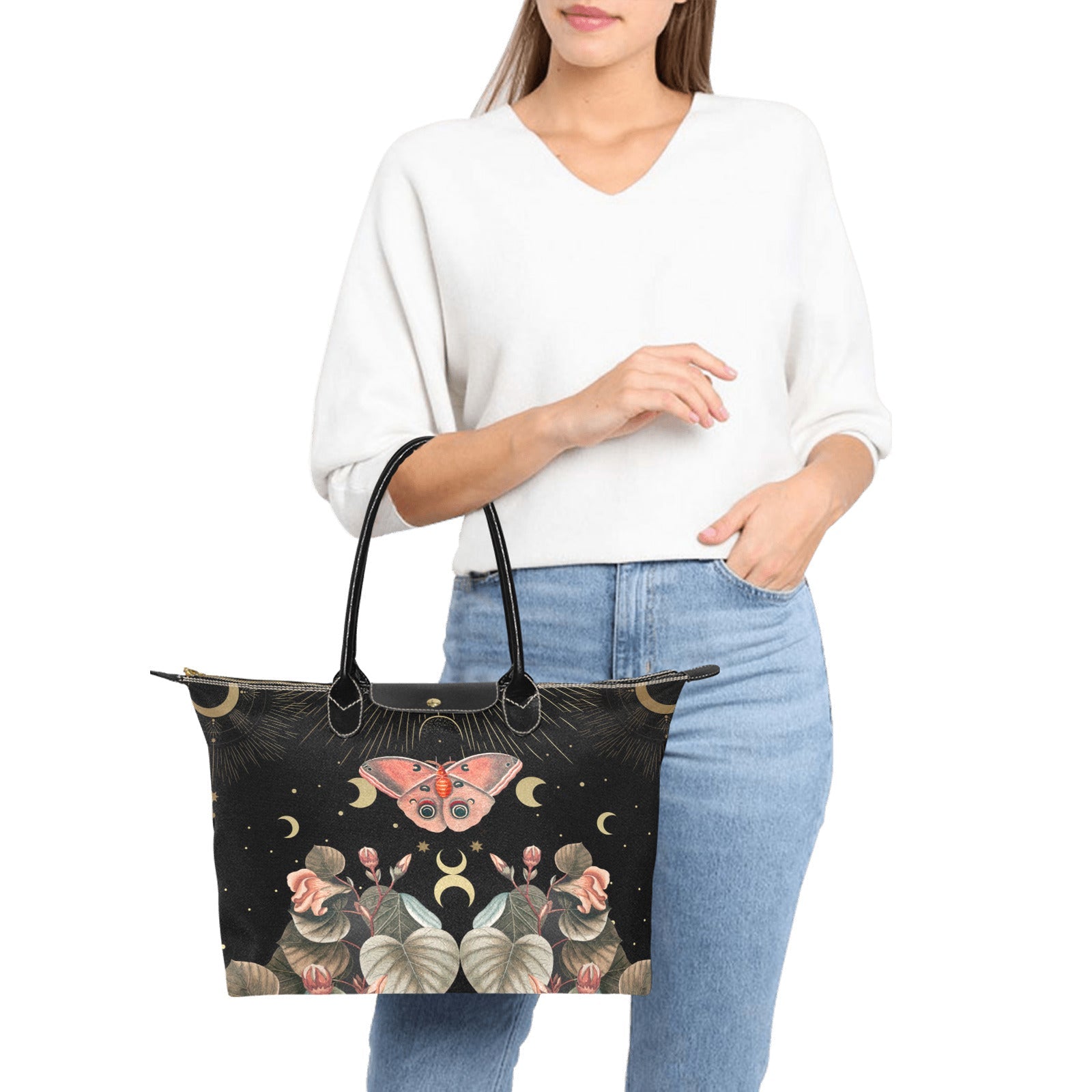 Moon Phase Moth Butterfly Fabric zip tote classic Handbag - sense forest