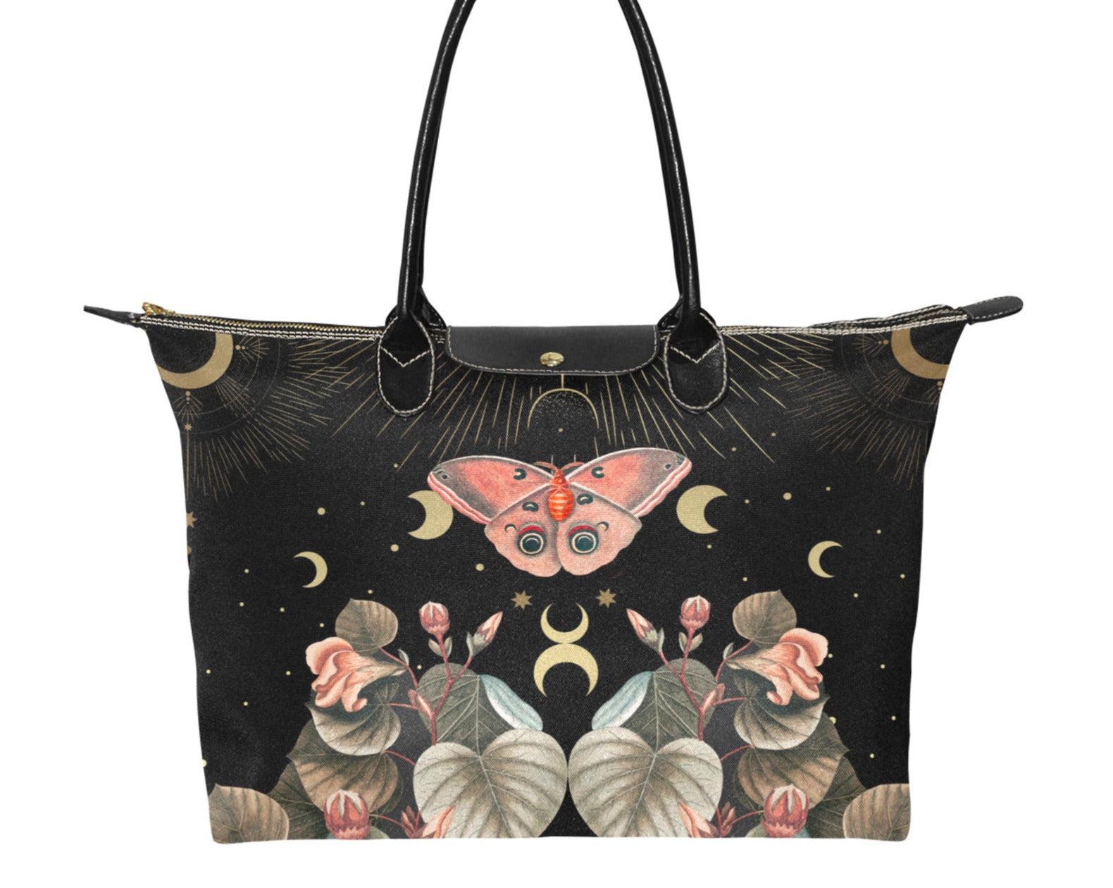 Moon Phase Moth Butterfly Fabric zip tote classic Handbag - sense forest