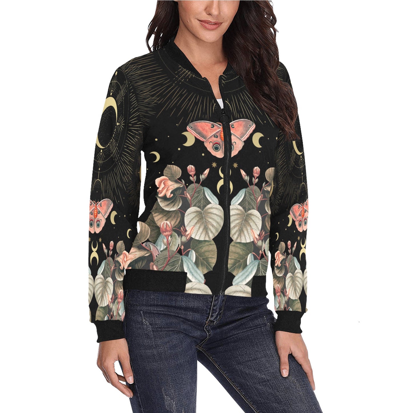Moth moon butterfly Women Bomber Jacket - sense forest