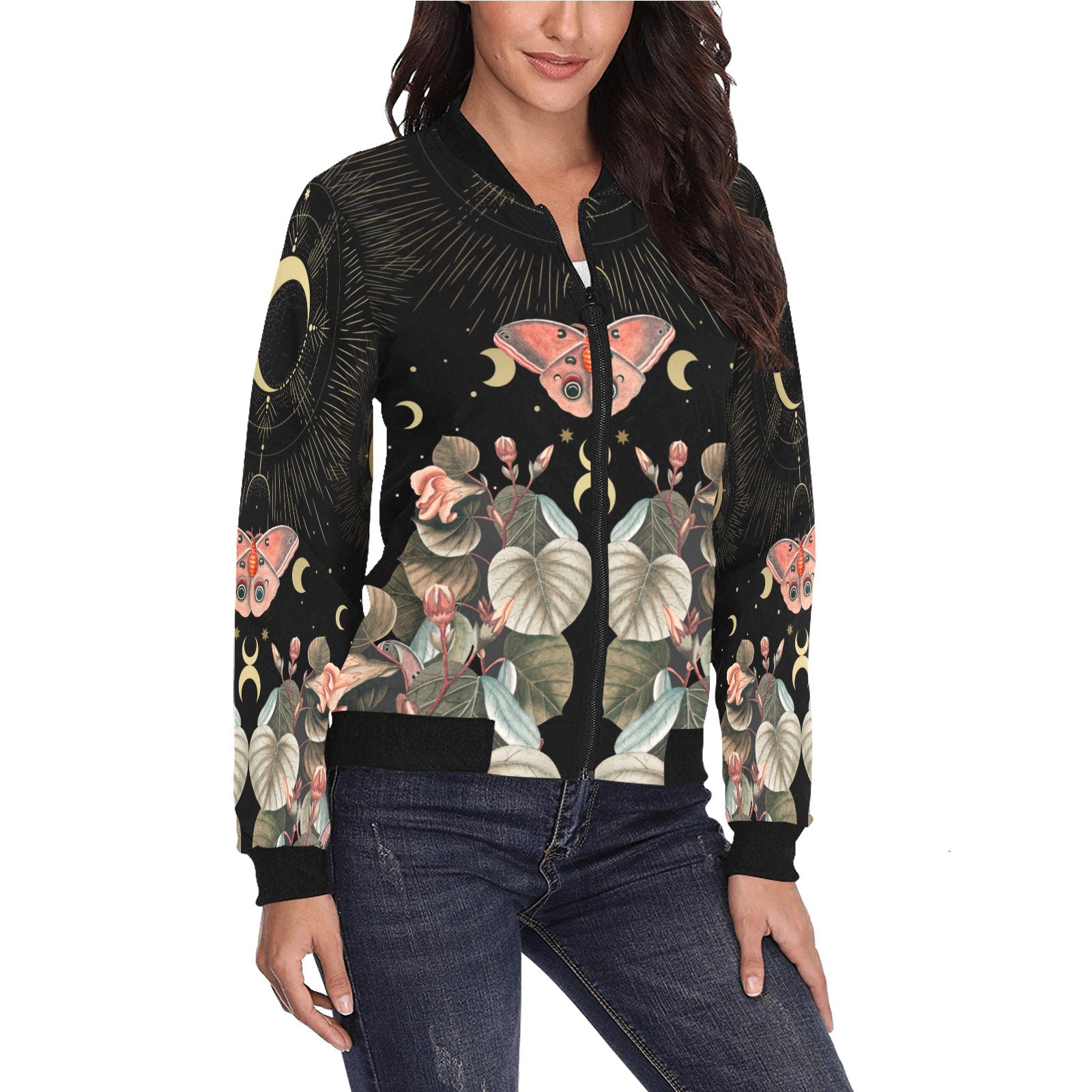 Moth moon butterfly Women Bomber Jacket - sense forest