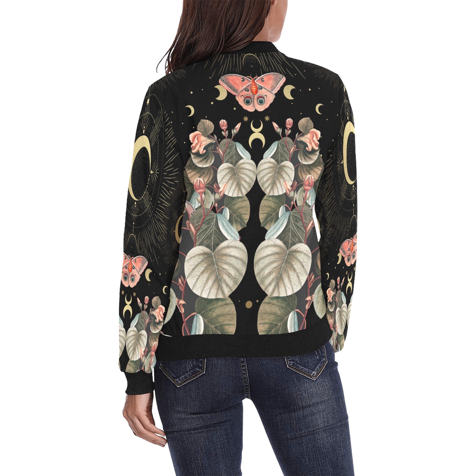 Moth moon butterfly Women Bomber Jacket - sense forest