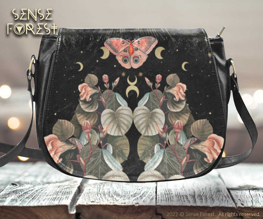 Moth Moon Phase butterfly Vegan Leather saddle bag Classic Saddle Bag - sense forest