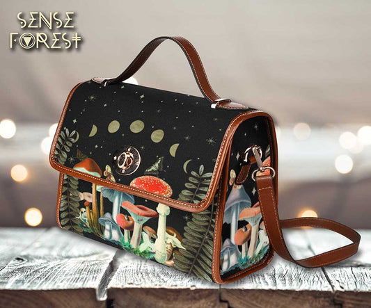 Mushroom Moon Phase Canvas Satchel Bag - sense forest