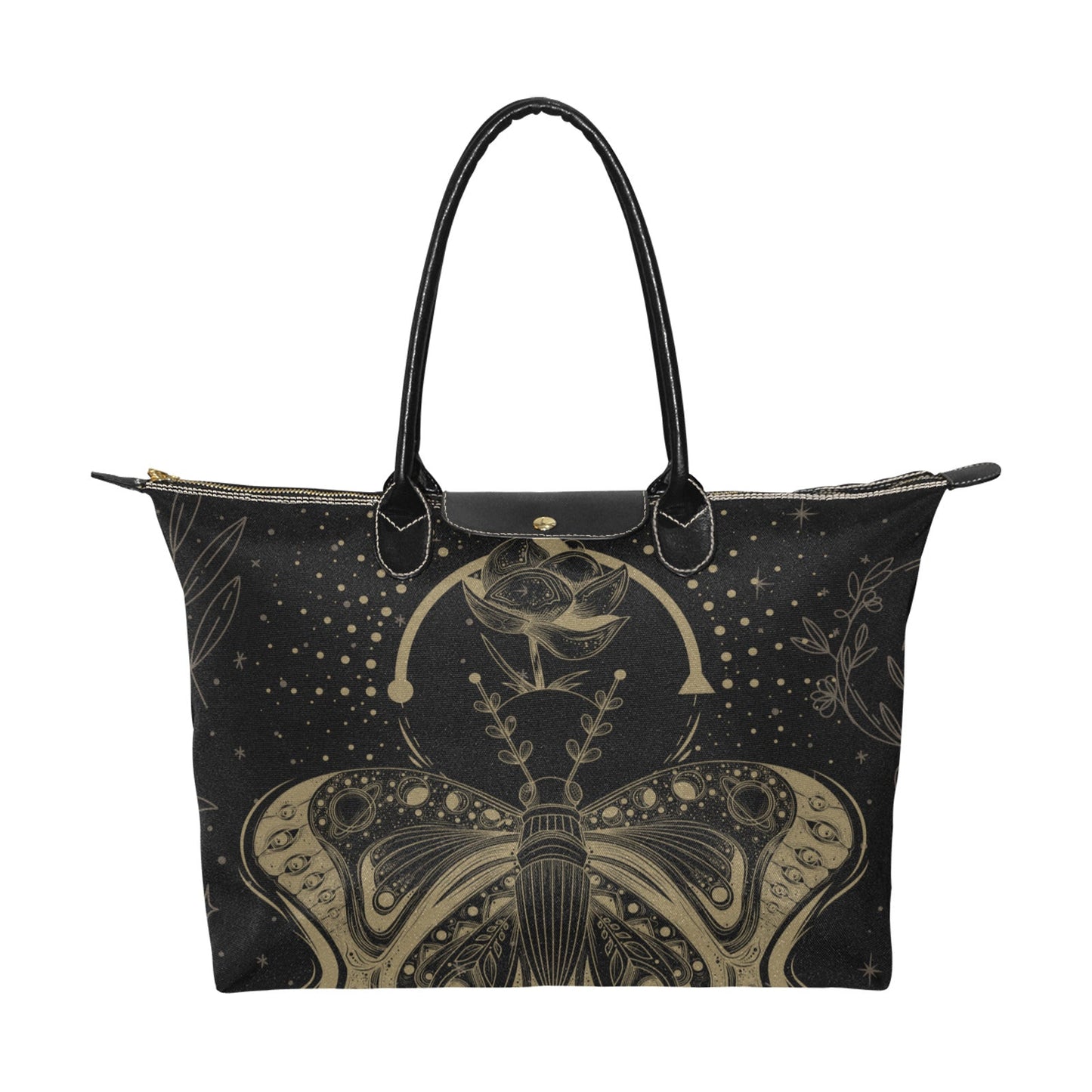 Mystical moon lotus moth fabric zip tote bag - sense forest