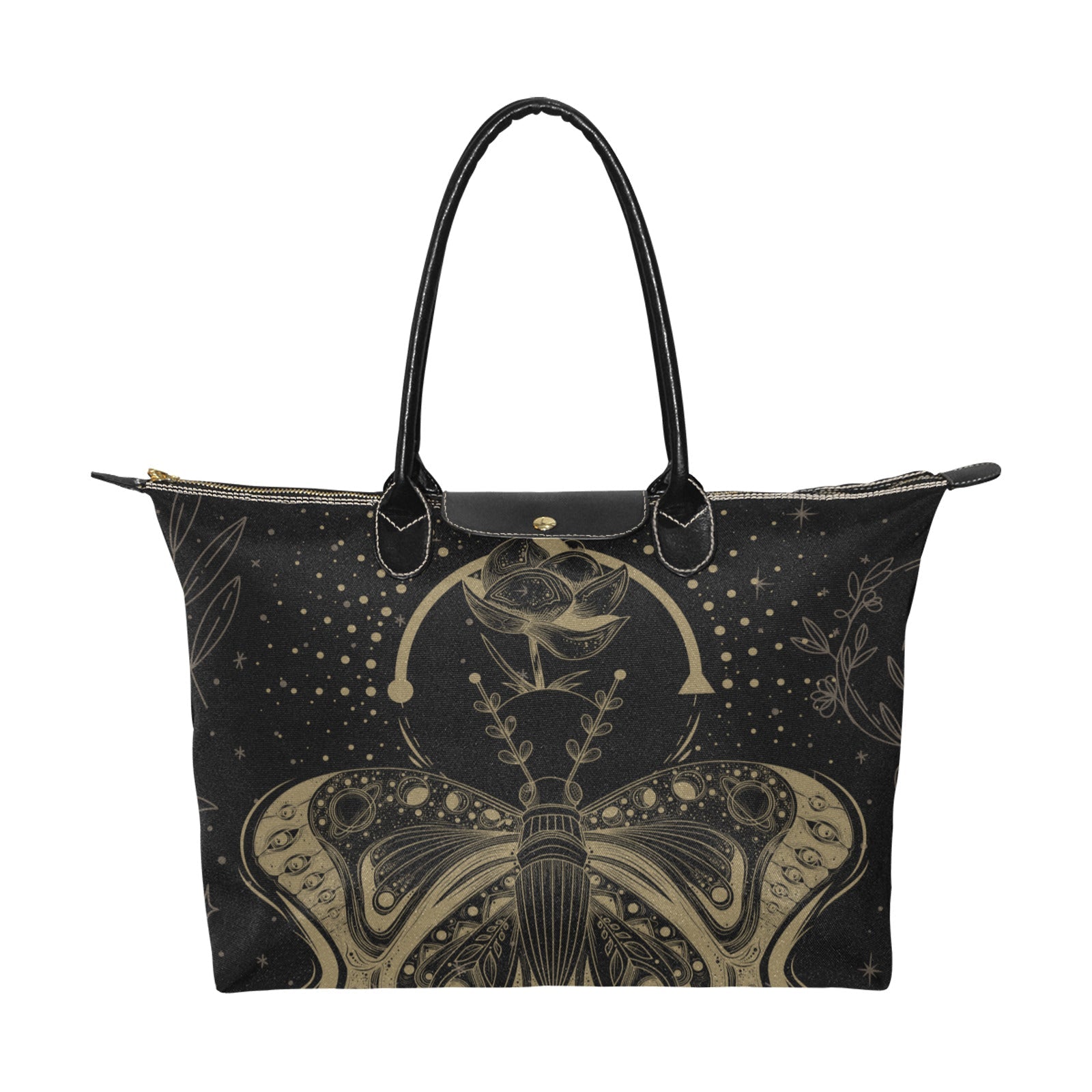 Mystical moon lotus moth fabric zip tote bag - sense forest