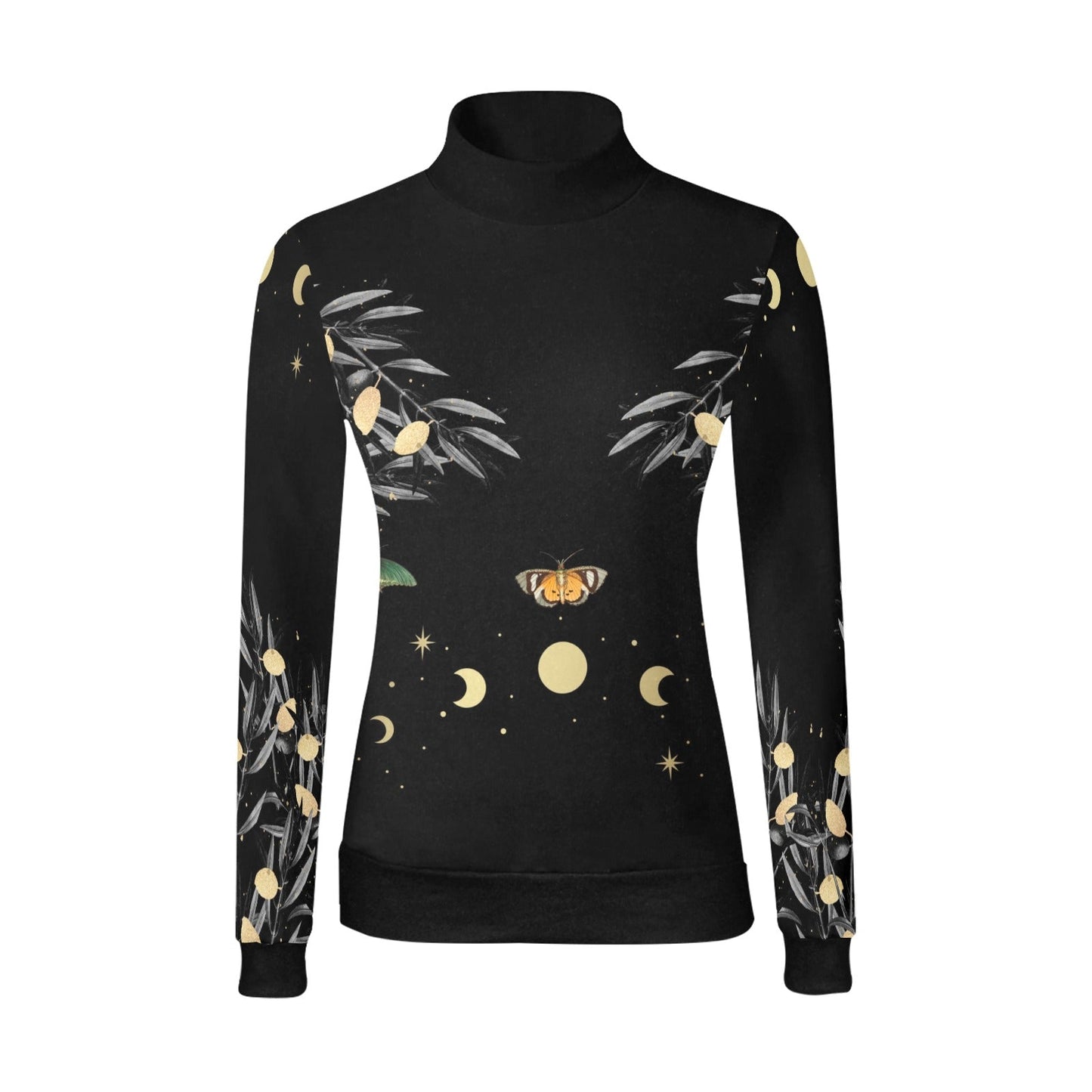 Olive Tree Butterfly Moon Phase Long Sleeves Witch Mock Neck Sweater - sense forest