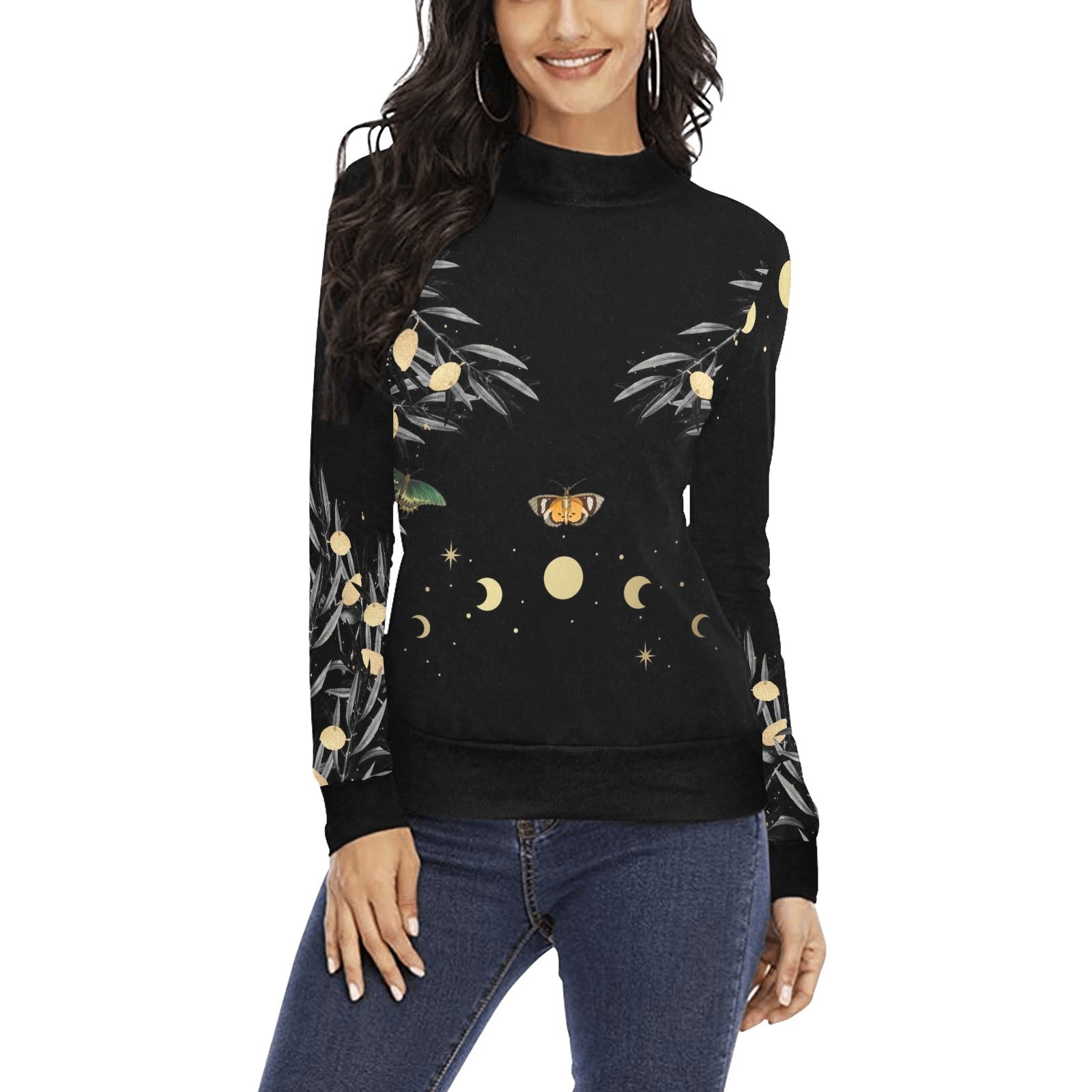 Olive Tree Butterfly Moon Phase Long Sleeves Witch Mock Neck Sweater - sense forest