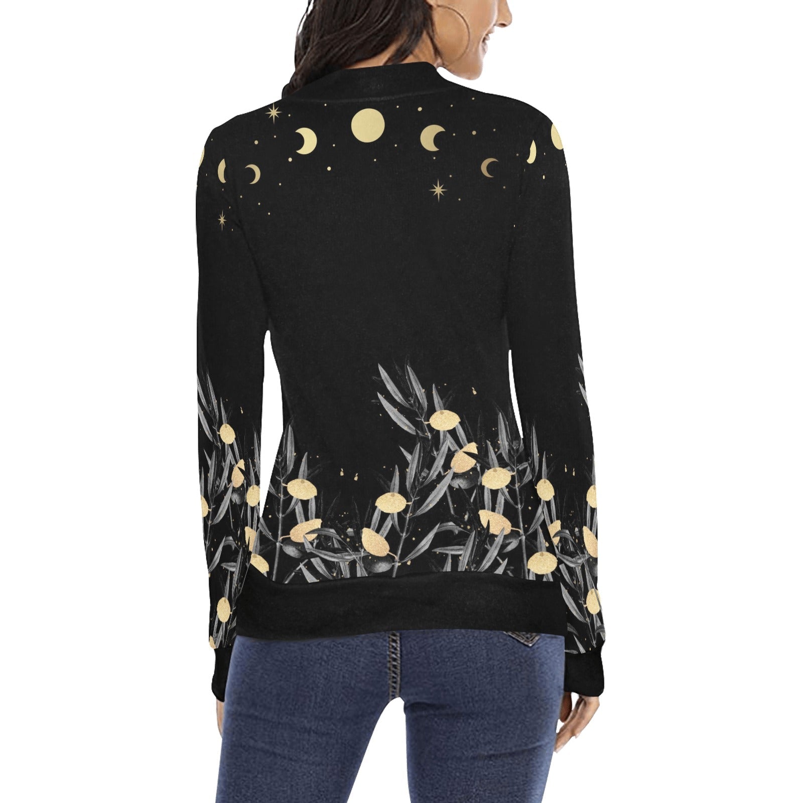 Olive Tree Butterfly Moon Phase Long Sleeves Witch Mock Neck Sweater - sense forest