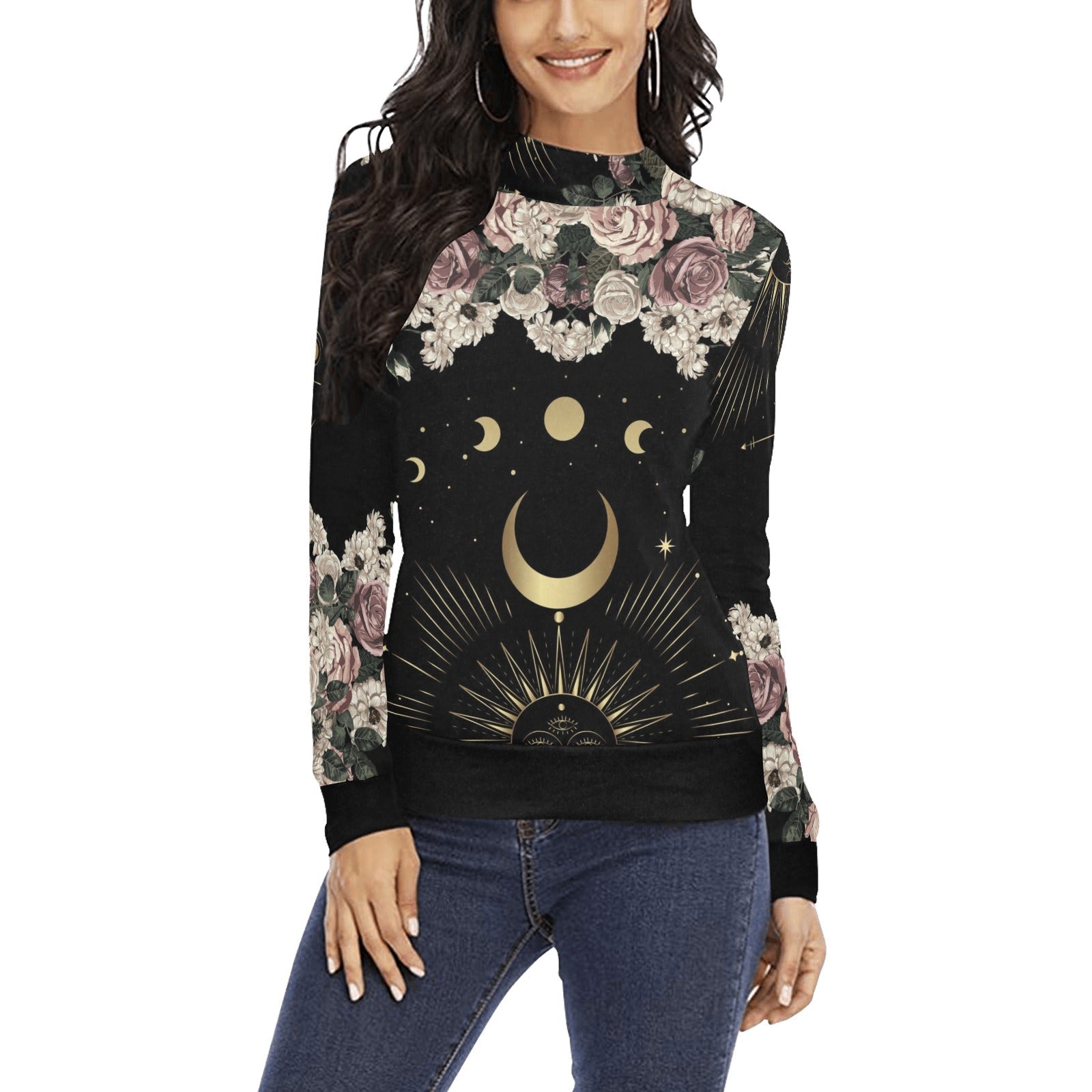 Pale rose moon Long sleeves shirt witchy All Over Print Mock Neck Sweater Top - sense forest
