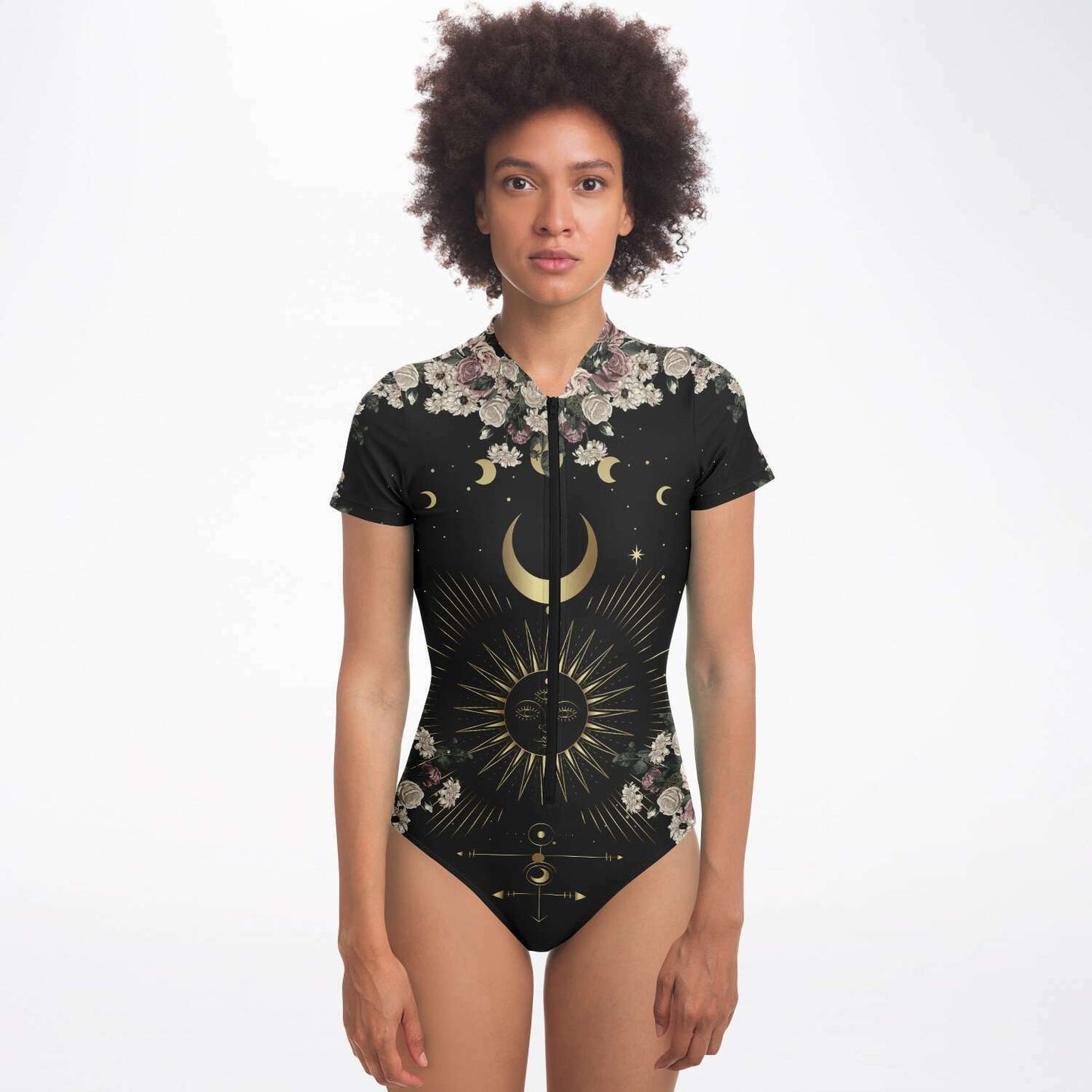Pale Rose Moon Phase short sleeve bodysuit Bathing Suit - sense forest