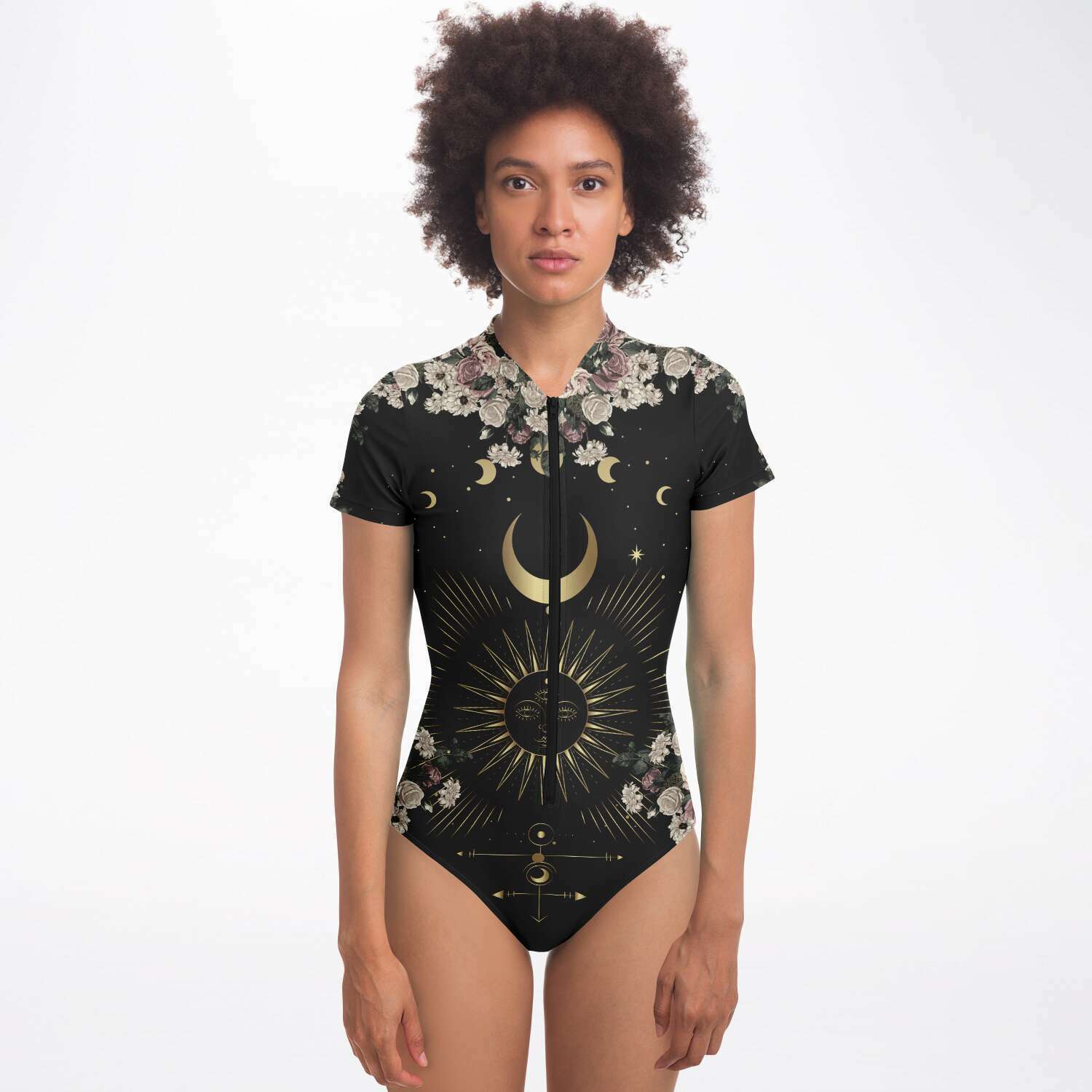 Pale Rose Moon Phase short sleeve bodysuit Bathing Suit - sense forest