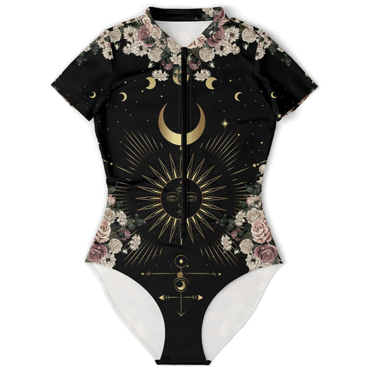 Pale Rose Moon Phase short sleeve bodysuit Bathing Suit - sense forest