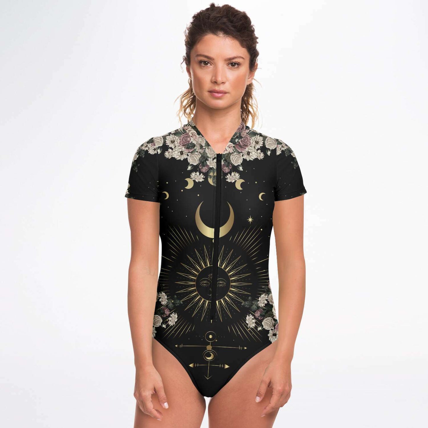 Pale Rose Moon Phase short sleeve bodysuit Bathing Suit - sense forest