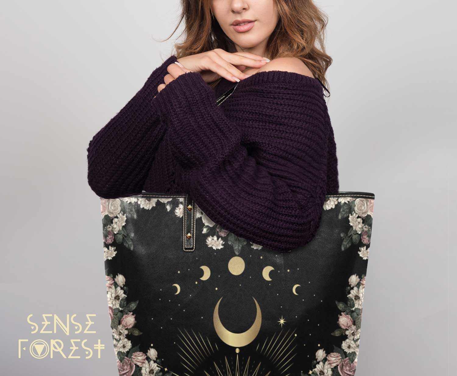 Pale rose moon Vegan Leather zip top tote - sense forest