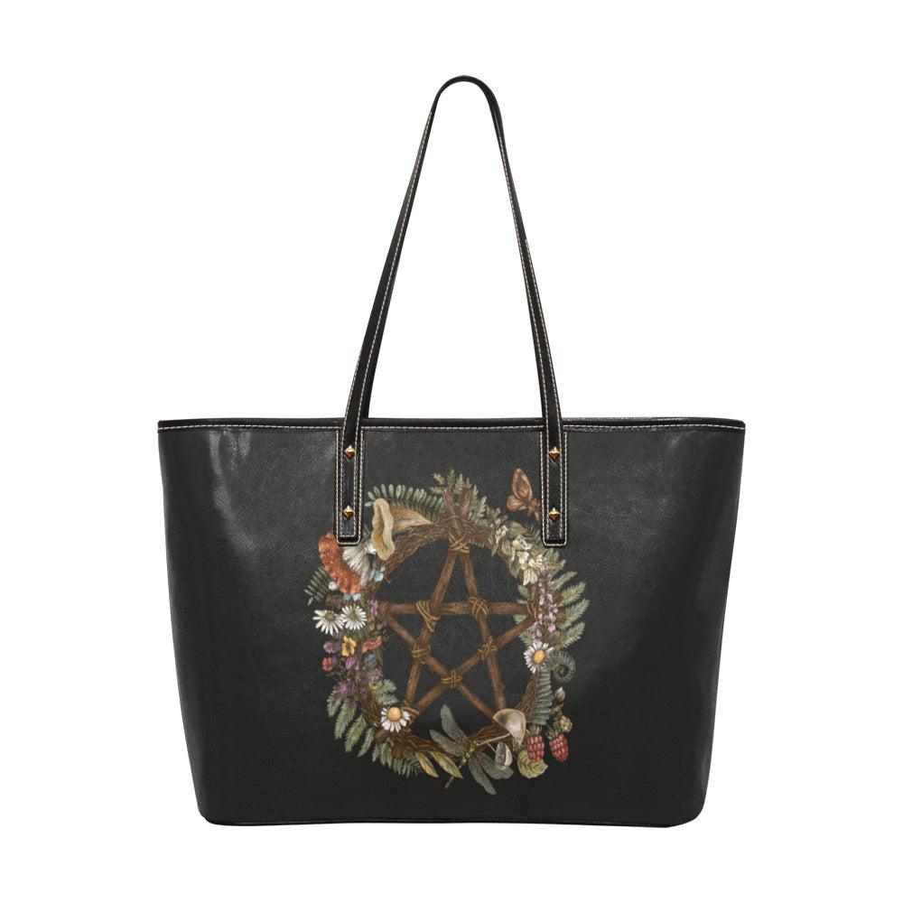 Pentagram Forest wreath cottage witch Vegan leather zip tote bag - sense forest